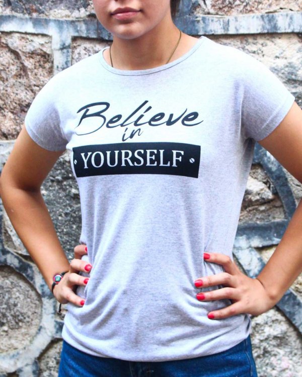 Believe Baskılı Gri Melanj Tişört Kadın