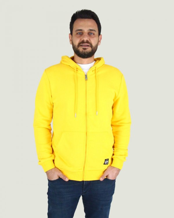 Kapşonlu Fermuarlı Basic Sarı Sweatshirt