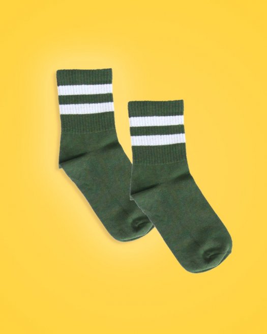 Beyaz Çizgili Koyu Yeşil Soket Çorap