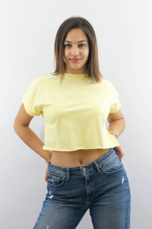Yarasa Kol Basic Sarı Crop Tişört