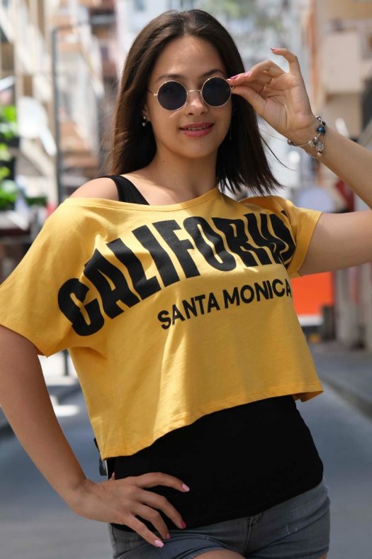 California Baskılı Sarı Crop Tişört ve Body