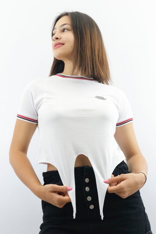 Şeritli Bağlamalı Basic Beyaz Crop Tişört